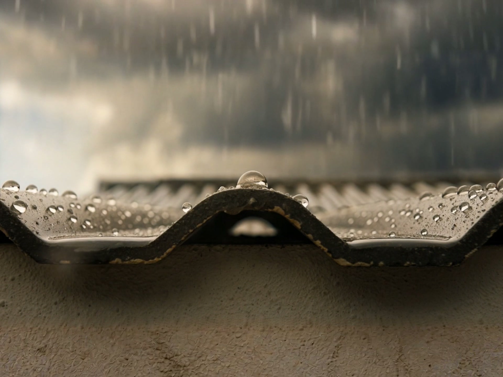 A single water bead sitting on the crest of a sealed roof sheet